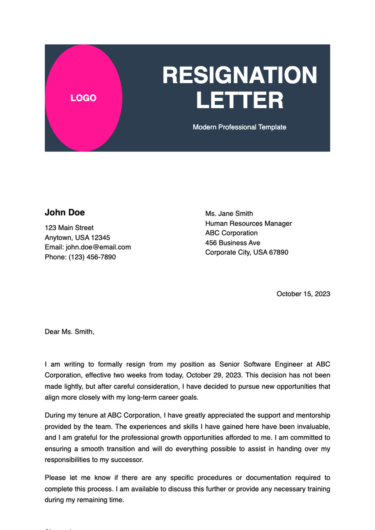 Bright pink resignation letter with modern header and signature_variant_2